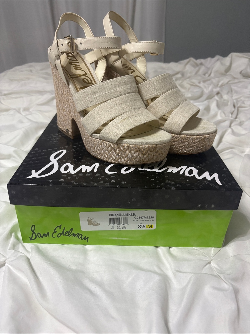 Sam Edelman Linen Wrap Platform Wedge Sandals - Beige